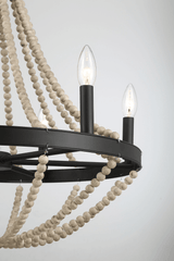 Starry Wood Chandelier Farmhouse Six Candle Light Wood Beaded Black Pendant Light for Dining Room - PNL03901301