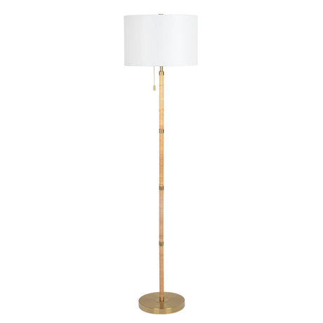 Stellar Wood Rattan Tube , Gold Brass Metal and White Linen Shade Floor Lamp - FLL03701801