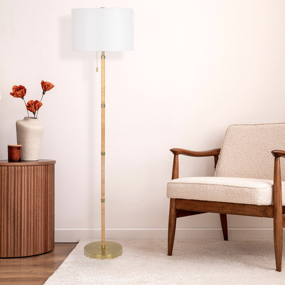 Stellar Wood Rattan Tube , Gold Brass Metal and White Linen Shade Floor Lamp - FLL03701801