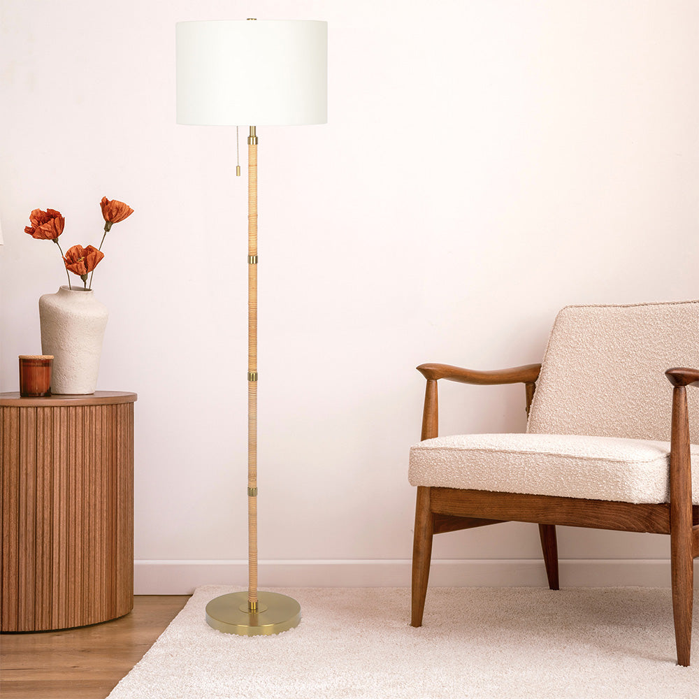 Stellar Wood Rattan Tube , Gold Brass Metal and White Linen Shade Floor Lamp - FLL03701801