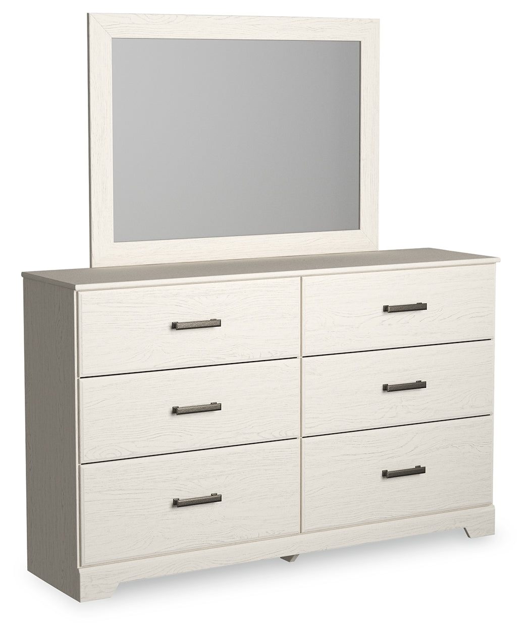 Stelsie King Panel Bed with Mirrored Dresser and Nightstand in White - PKG018458