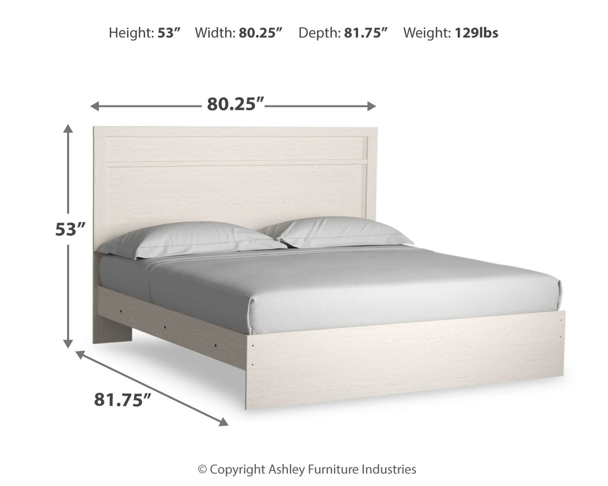 Stelsie King Panel Bed with Mirrored Dresser and Nightstand in White - PKG018458