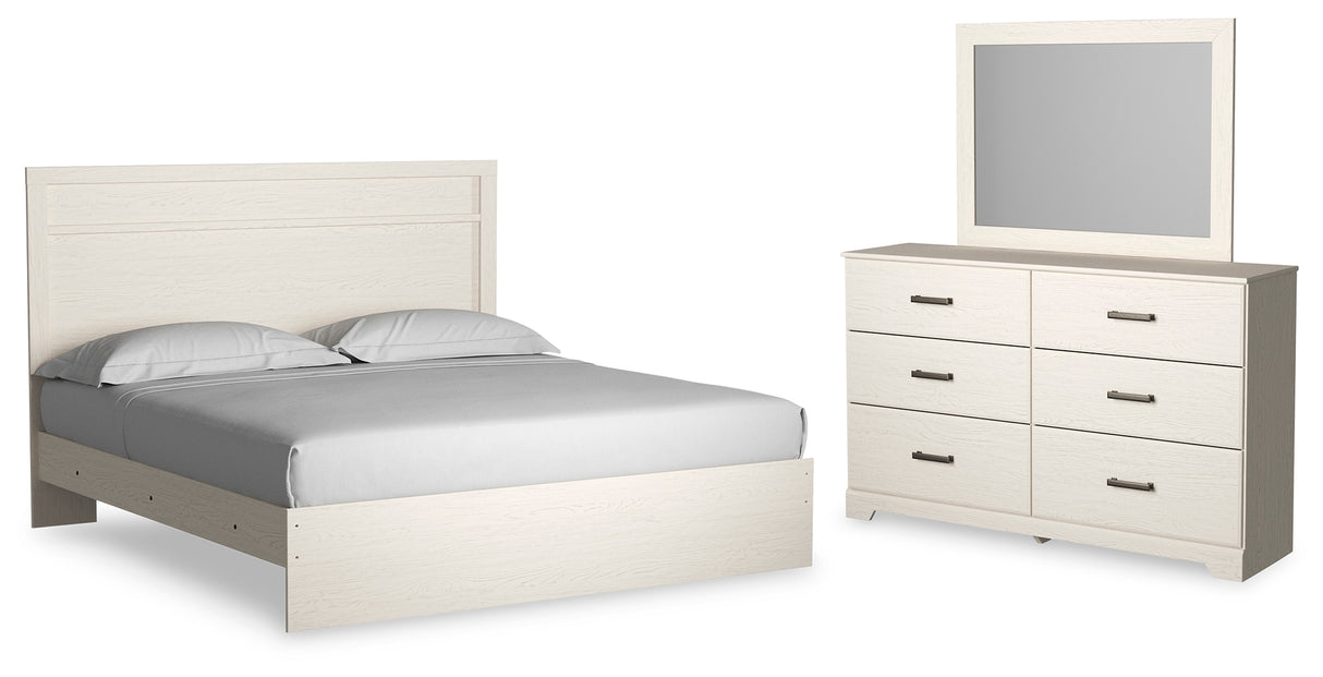 Stelsie King Panel Bed with Mirrored Dresser in White - PKG018457