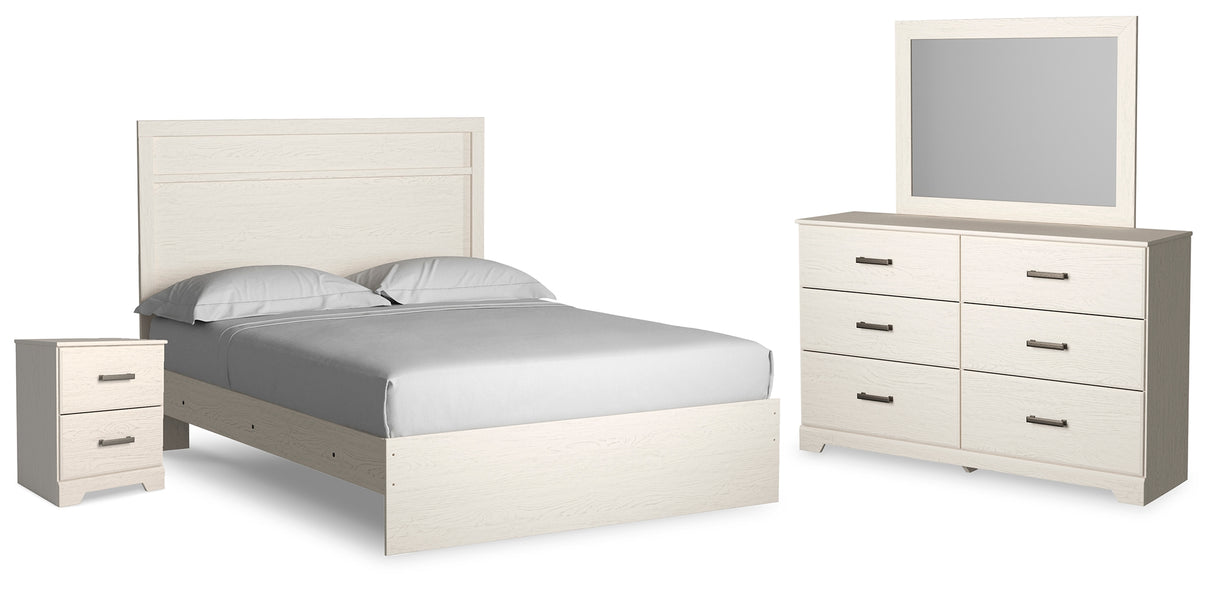 Stelsie Queen Panel Bed with Mirrored Dresser and Nightstand in White - PKG018456