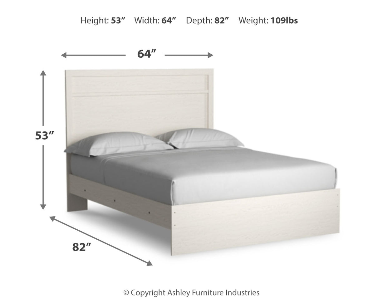 Stelsie Queen Panel Bed with Mirrored Dresser and Nightstand in White - PKG018456