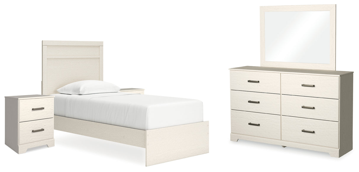 Stelsie Twin Panel Bed with Mirrored Dresser and 2 Nightstands in White - PKG015992