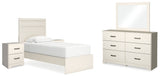 Stelsie Twin Panel Bed with Mirrored Dresser and 2 Nightstands in White - PKG015992