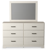 Stelsie Twin Panel Bed with Mirrored Dresser and Chest in White - PKG015995