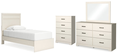 Stelsie Twin Panel Bed with Mirrored Dresser and Chest in White - PKG015995