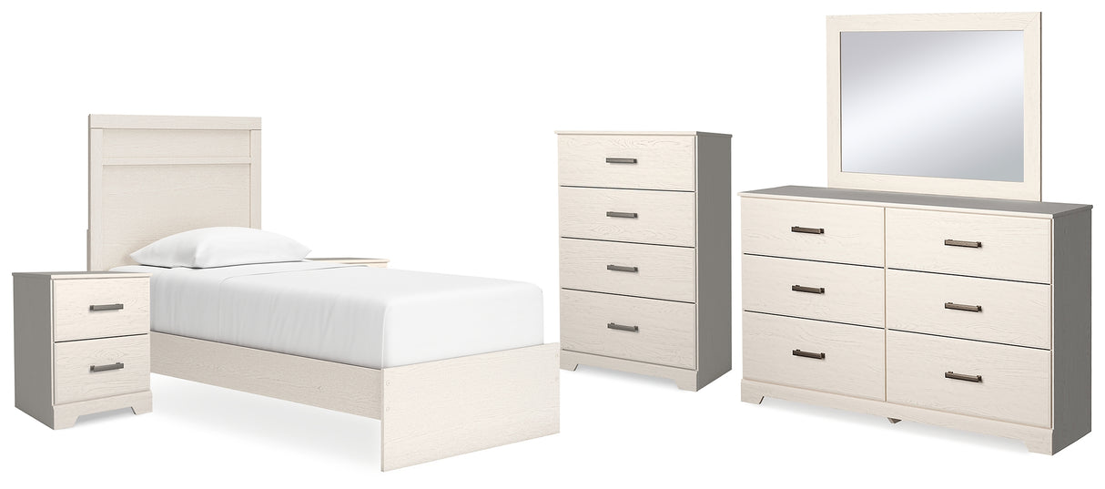 Stelsie Twin Panel Bed with Mirrored Dresser, Chest and 2 Nightstands in White from Ashley - Luna Furniture