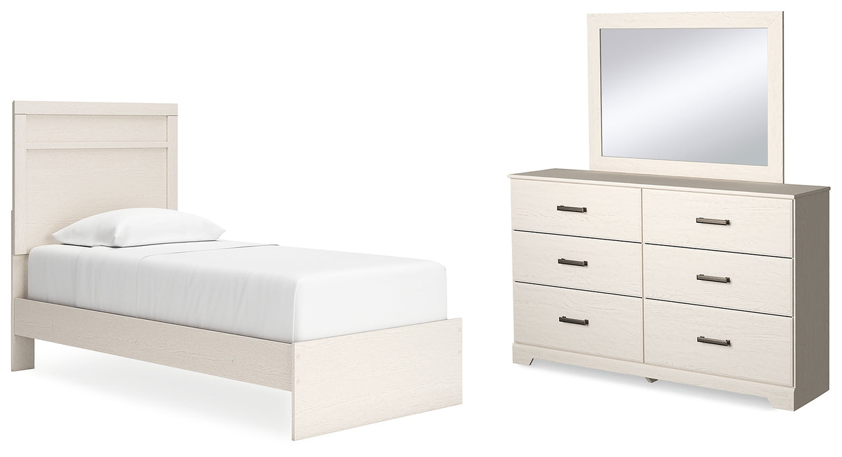 Stelsie Twin Panel Bed with Mirrored Dresser in White - PKG015991