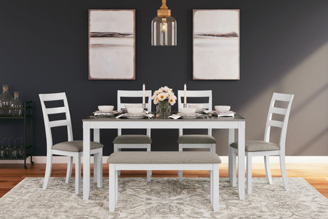 Stonehollow White/Gray Dining Table and Chairs with Bench (Set of 6) - D382-325