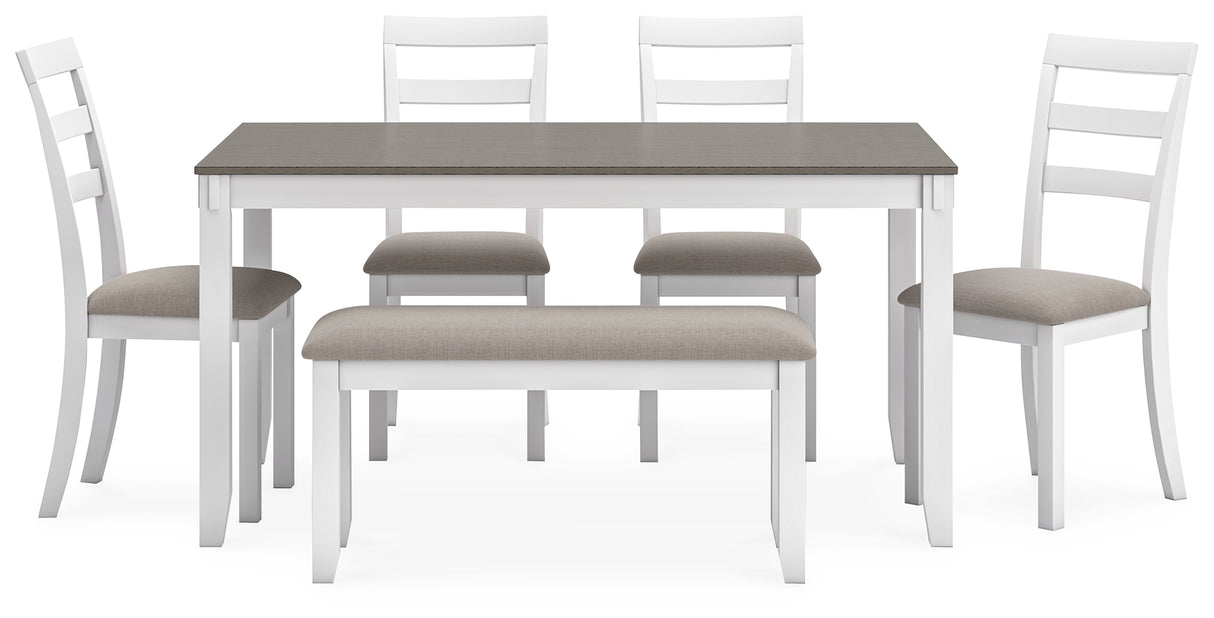 Stonehollow White/Gray Dining Table and Chairs with Bench (Set of 6) from Ashley - Luna Furniture