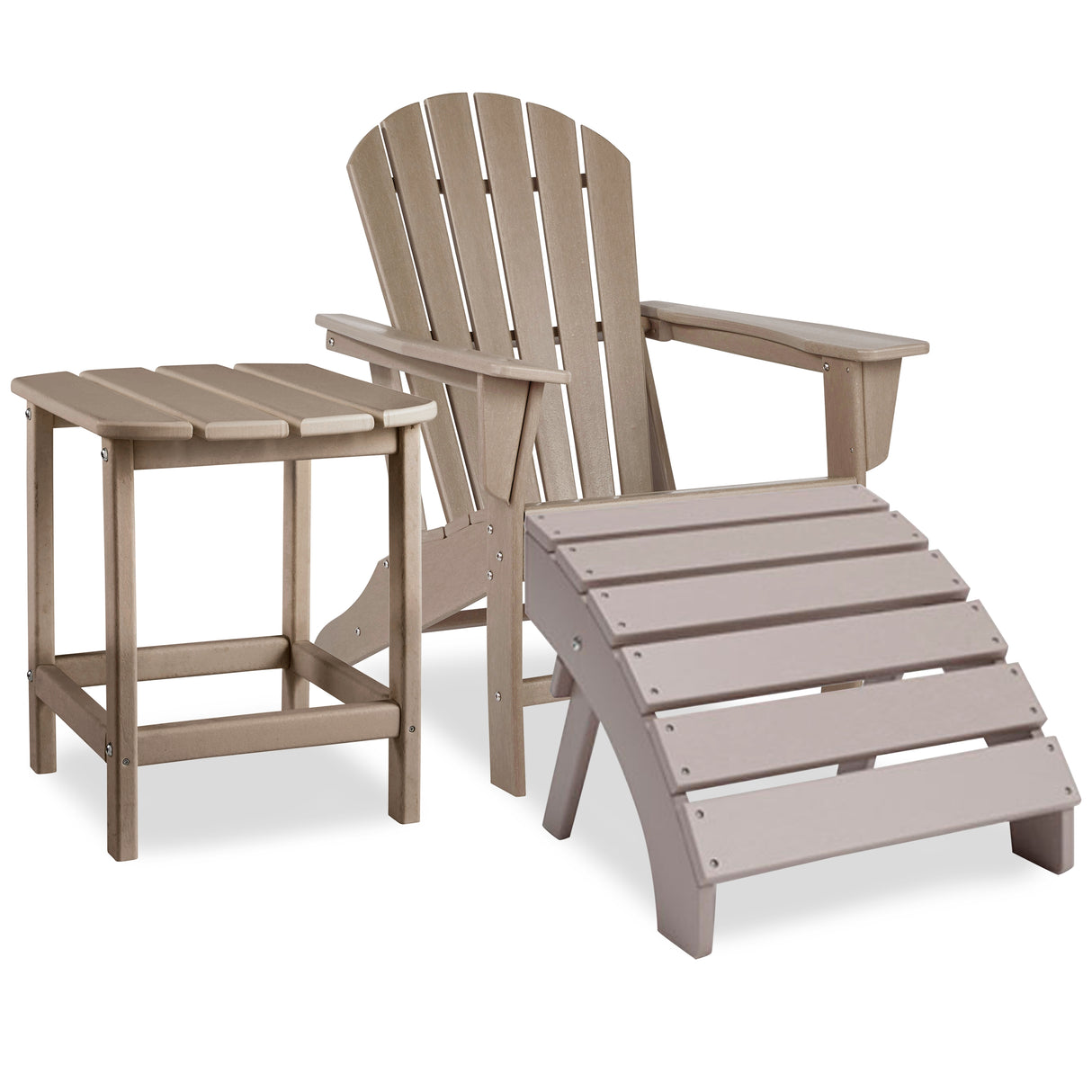 Sundown Treasure Outdoor Adirondack Chair and Ottoman with Side Table in Driftwood - PKG013806