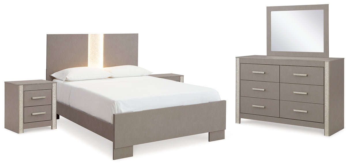 Surancha Full Panel Bed with Mirrored Dresser and 2 Nightstands in Gray - PKG015266