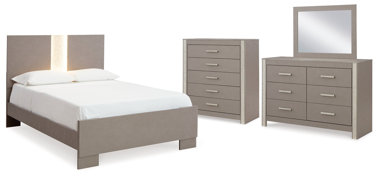 Surancha Full Panel Bed with Mirrored Dresser and Chest in Gray - PKG015269