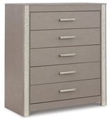 Surancha Full Panel Bed with Mirrored Dresser and Chest in Gray - PKG015269