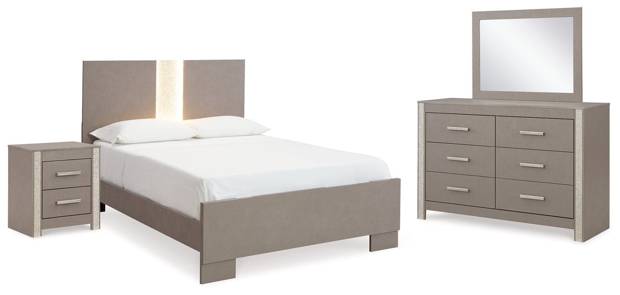 Surancha Full Panel Bed with Mirrored Dresser and Nightstand in Gray - PKG015268