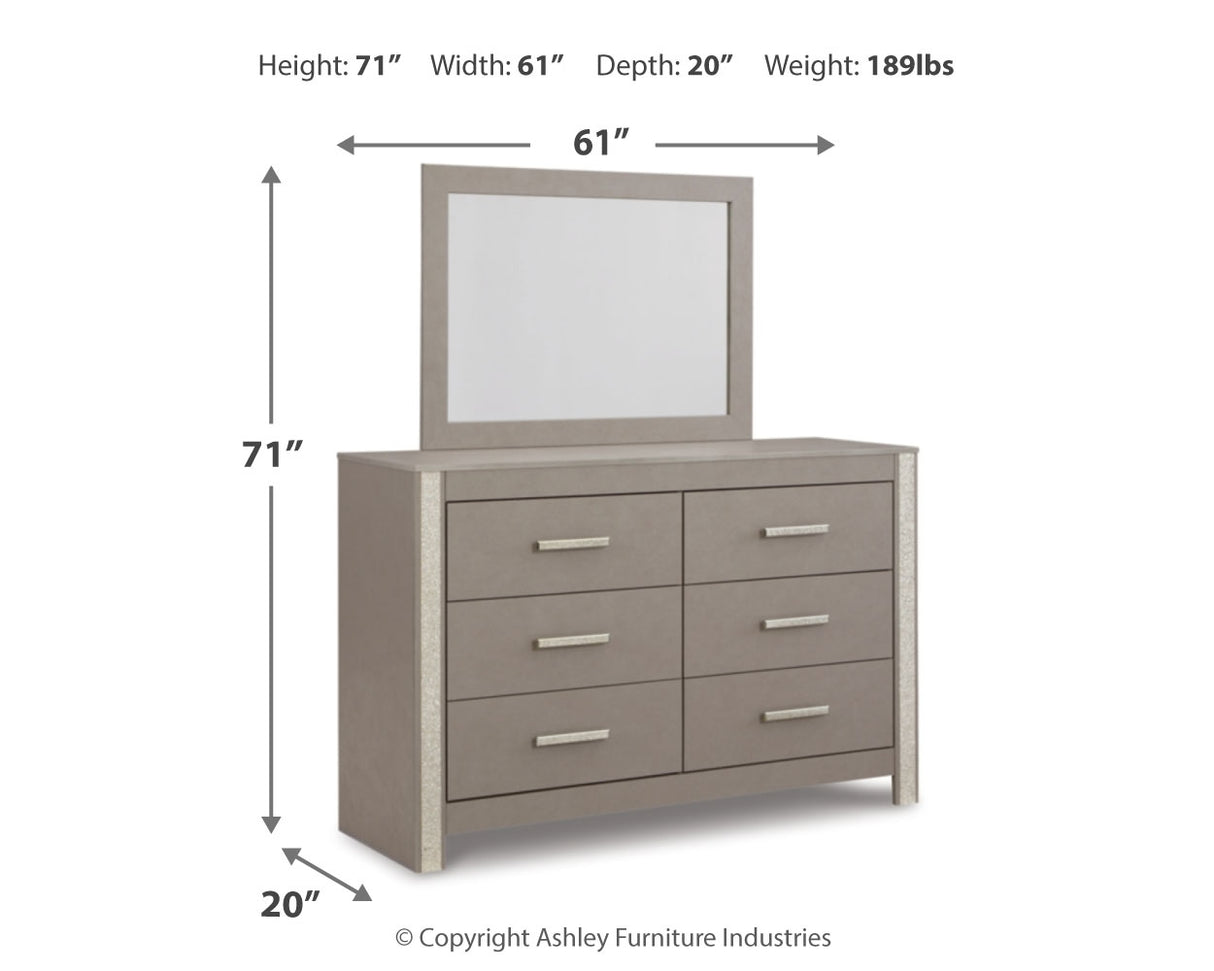 Surancha Full Panel Bed with Mirrored Dresser, Chest and 2 Nightstands in Gray - PKG015267