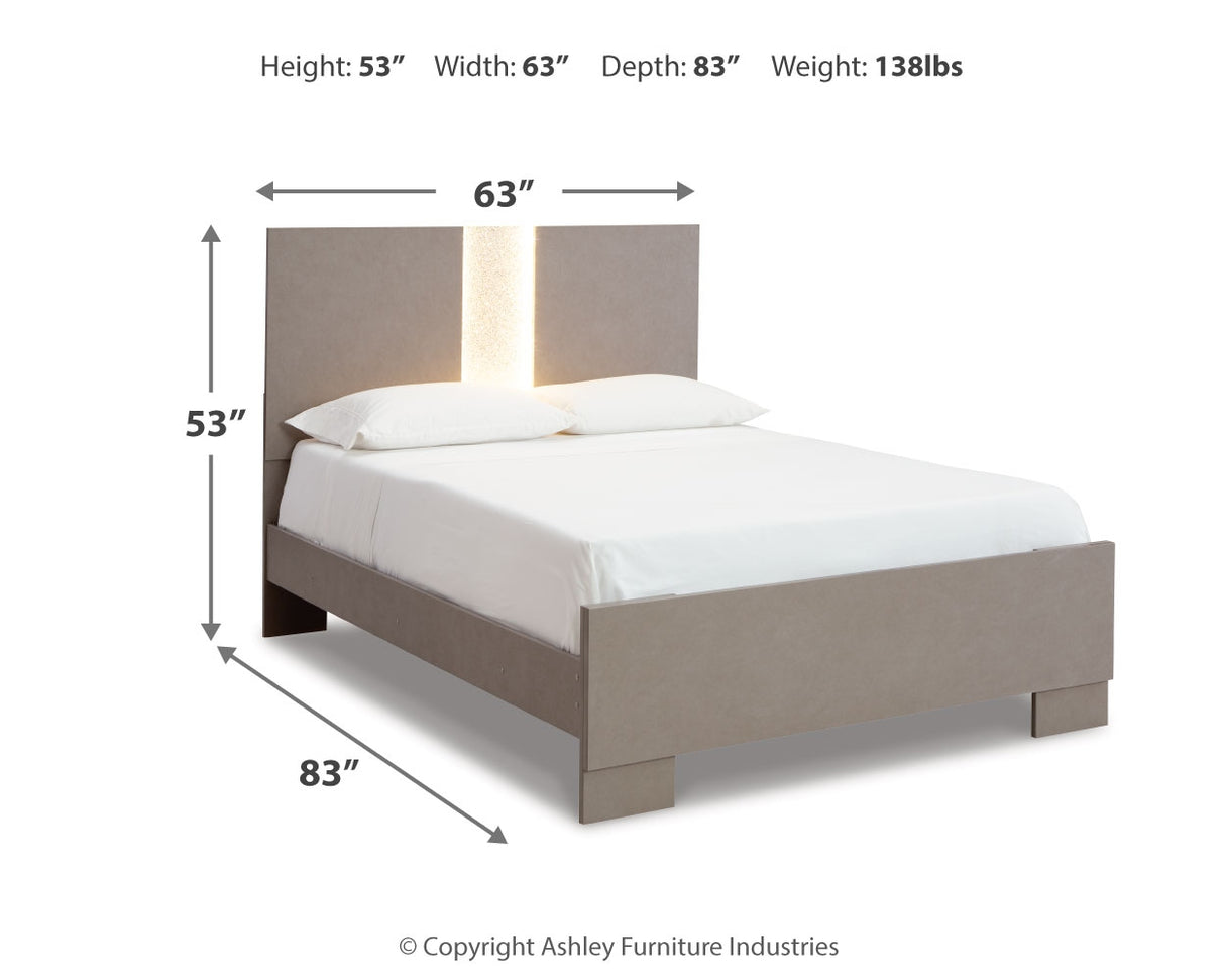 Surancha Full Panel Bed with Mirrored Dresser, Chest and 2 Nightstands in Gray - PKG015267