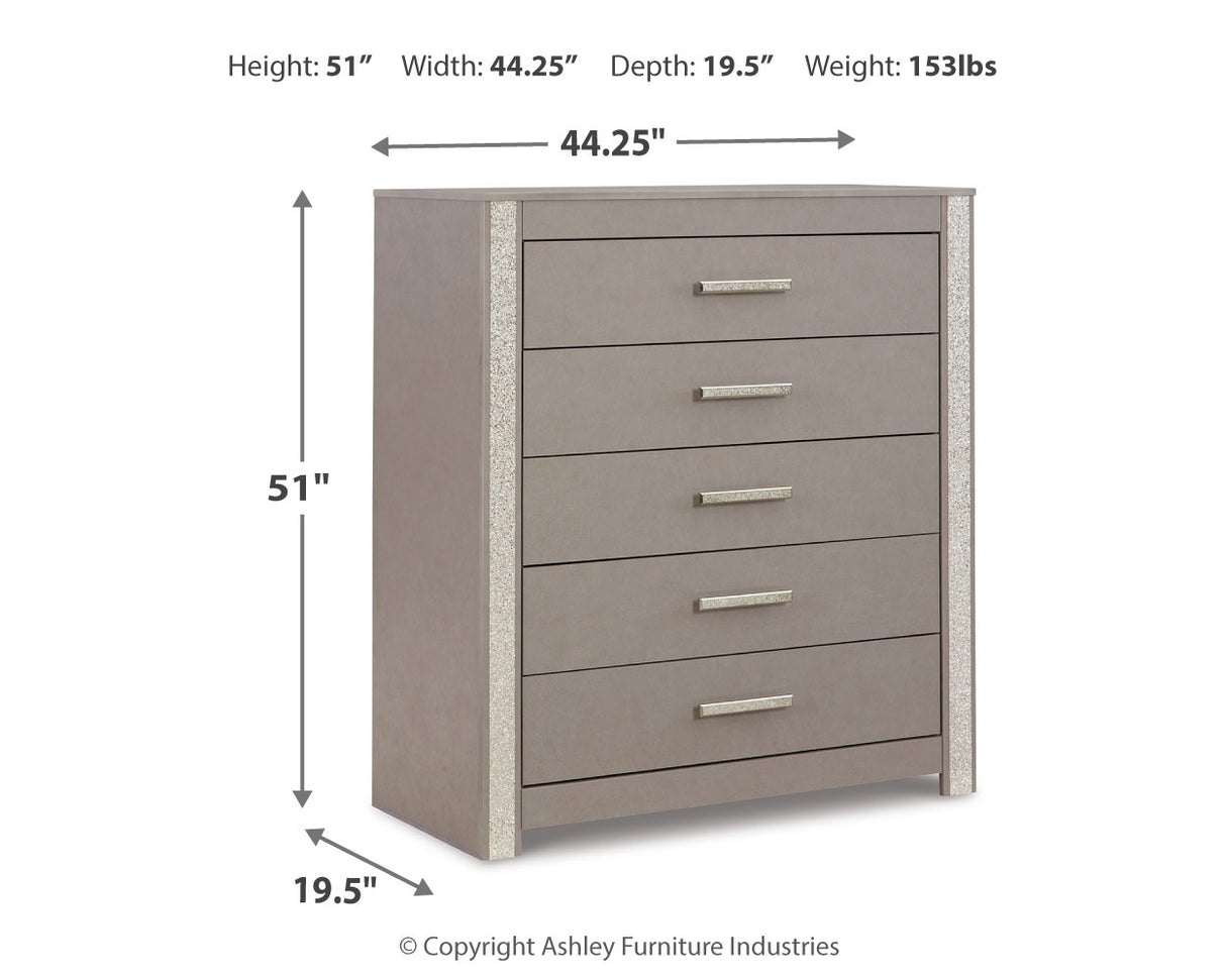 Surancha Full Panel Bed with Mirrored Dresser, Chest and 2 Nightstands in Gray - PKG015267