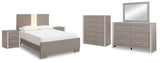 Surancha Full Panel Bed with Mirrored Dresser, Chest and 2 Nightstands in Gray - PKG015267