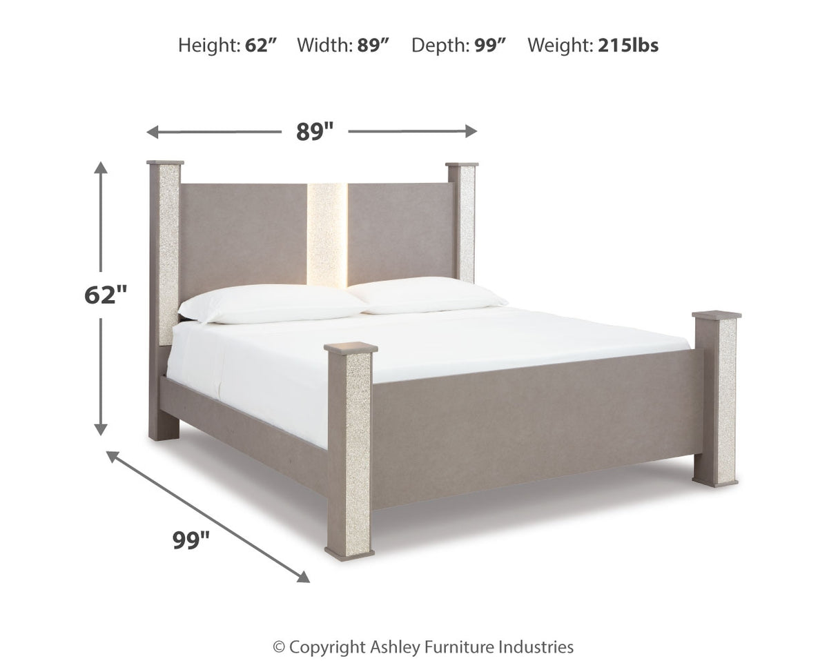 Surancha King Poster Bed with Mirrored Dresser and 2 Nightstands in Gray - PKG015260