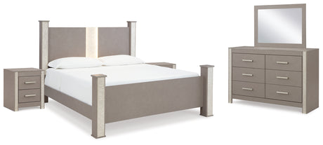 Surancha King Poster Bed with Mirrored Dresser and 2 Nightstands in Gray - PKG015260