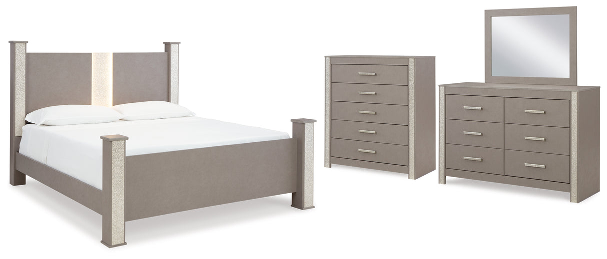 Surancha King Poster Bed with Mirrored Dresser and Chest in Gray - PKG015263