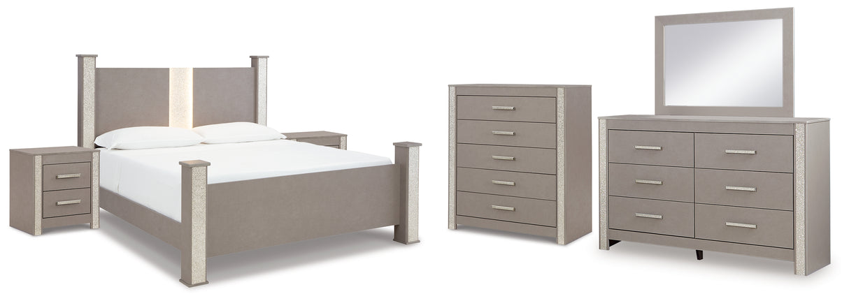 Surancha King Poster Bed with Mirrored Dresser, Chest and 2 Nightstands in Gray from Ashley - Luna Furniture