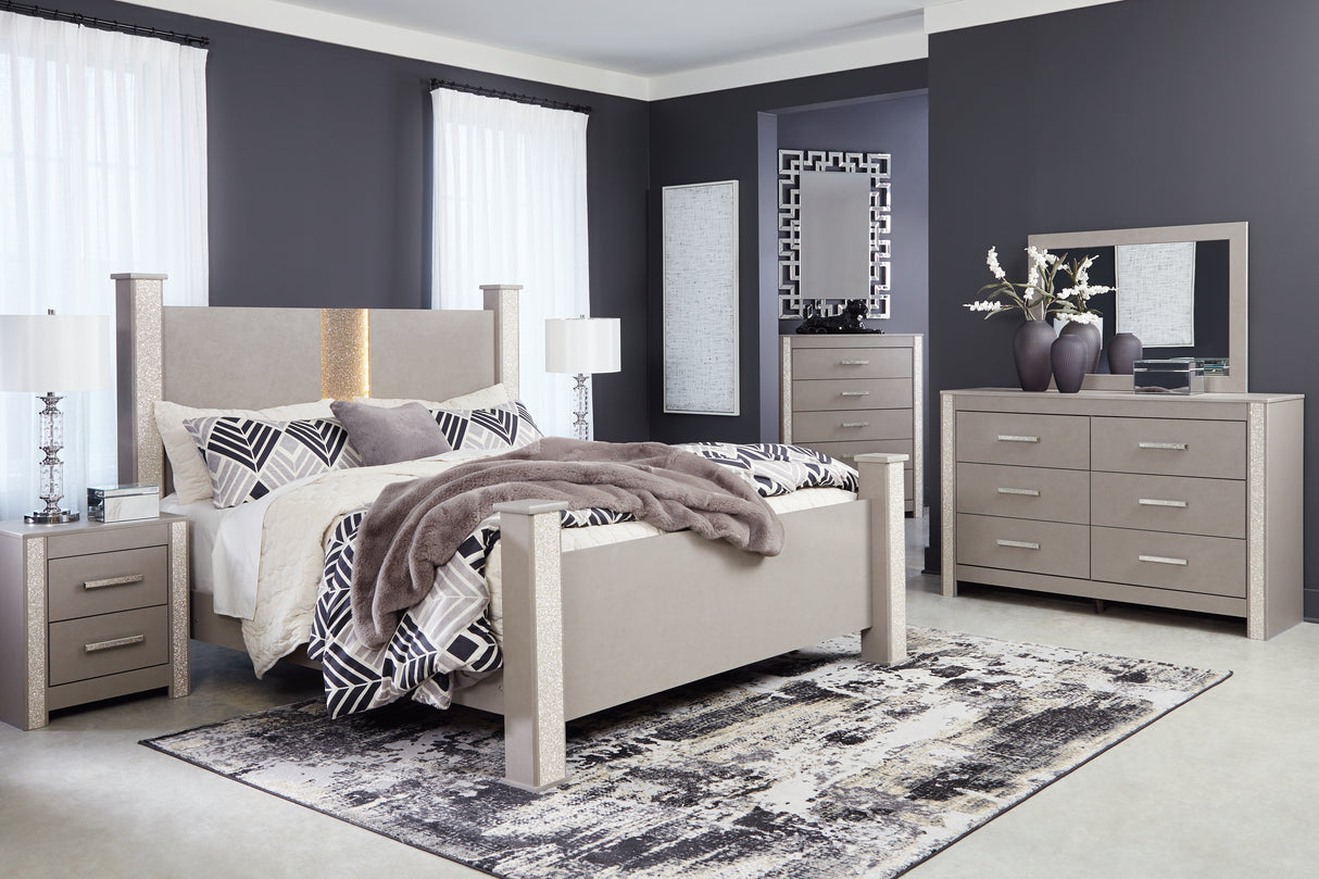 Surancha King Poster Bed with Mirrored Dresser, Chest and 2 Nightstands in Gray from Ashley - Luna Furniture