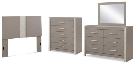 Surancha Queen/Full Panel Headboard with Mirrored Dresser and Chest in Gray from Ashley - Luna Furniture