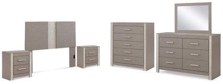 Surancha Queen/Full Panel Headboard with Mirrored Dresser, Chest and 2 Nightstands in Gray from Ashley - Luna Furniture