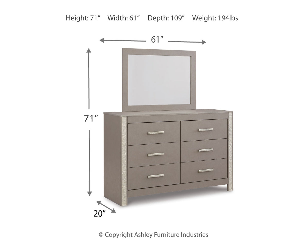 Surancha Queen/Full Panel Headboard with Mirrored Dresser, Chest and 2 Nightstands in Gray from Ashley - Luna Furniture