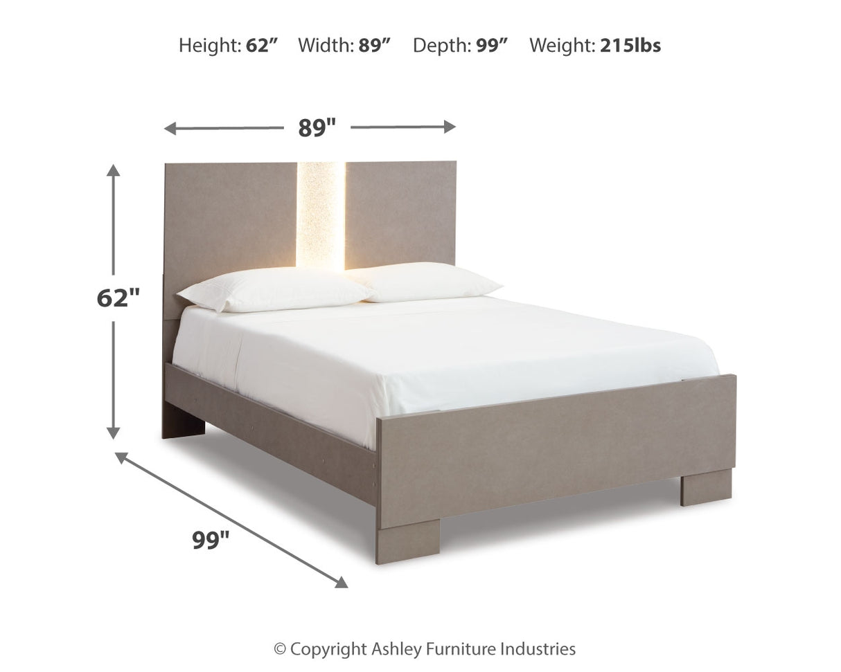 Surancha Queen Panel Bed with Mirrored Dresser and 2 Nightstands in Gray - PKG015242