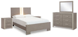 Surancha Queen Panel Bed with Mirrored Dresser and 2 Nightstands in Gray - PKG015242