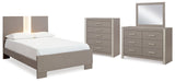 Surancha Queen Panel Bed with Mirrored Dresser and Chest in Gray - PKG015245