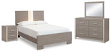 Surancha Queen Panel Bed with Mirrored Dresser and Nightstand in Gray - PKG015244