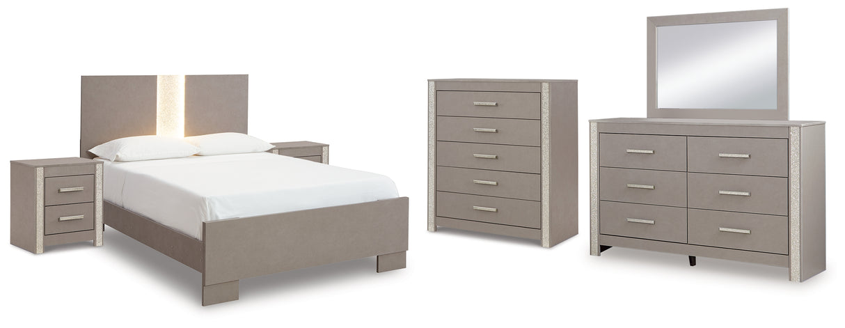 Surancha Queen Panel Bed with Mirrored Dresser, Chest and 2 Nightstands in Gray - PKG015243