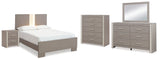 Surancha Queen Panel Bed with Mirrored Dresser, Chest and Nightstand in Gray - PKG015246