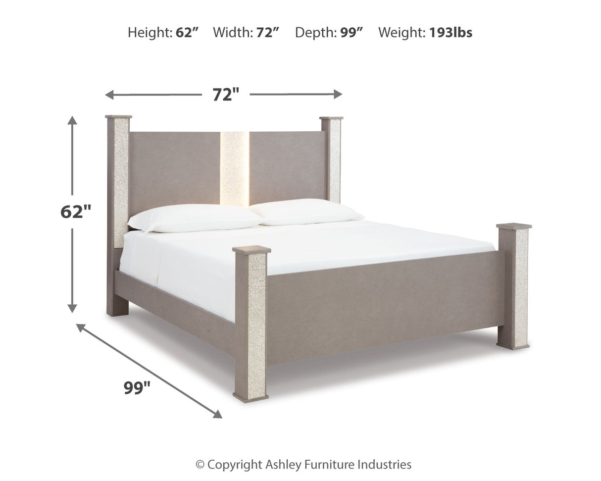 Surancha Queen Poster Bed with Mirrored Dresser and 2 Nightstands in Gray - PKG015248