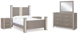 Surancha Queen Poster Bed with Mirrored Dresser and 2 Nightstands in Gray - PKG015248