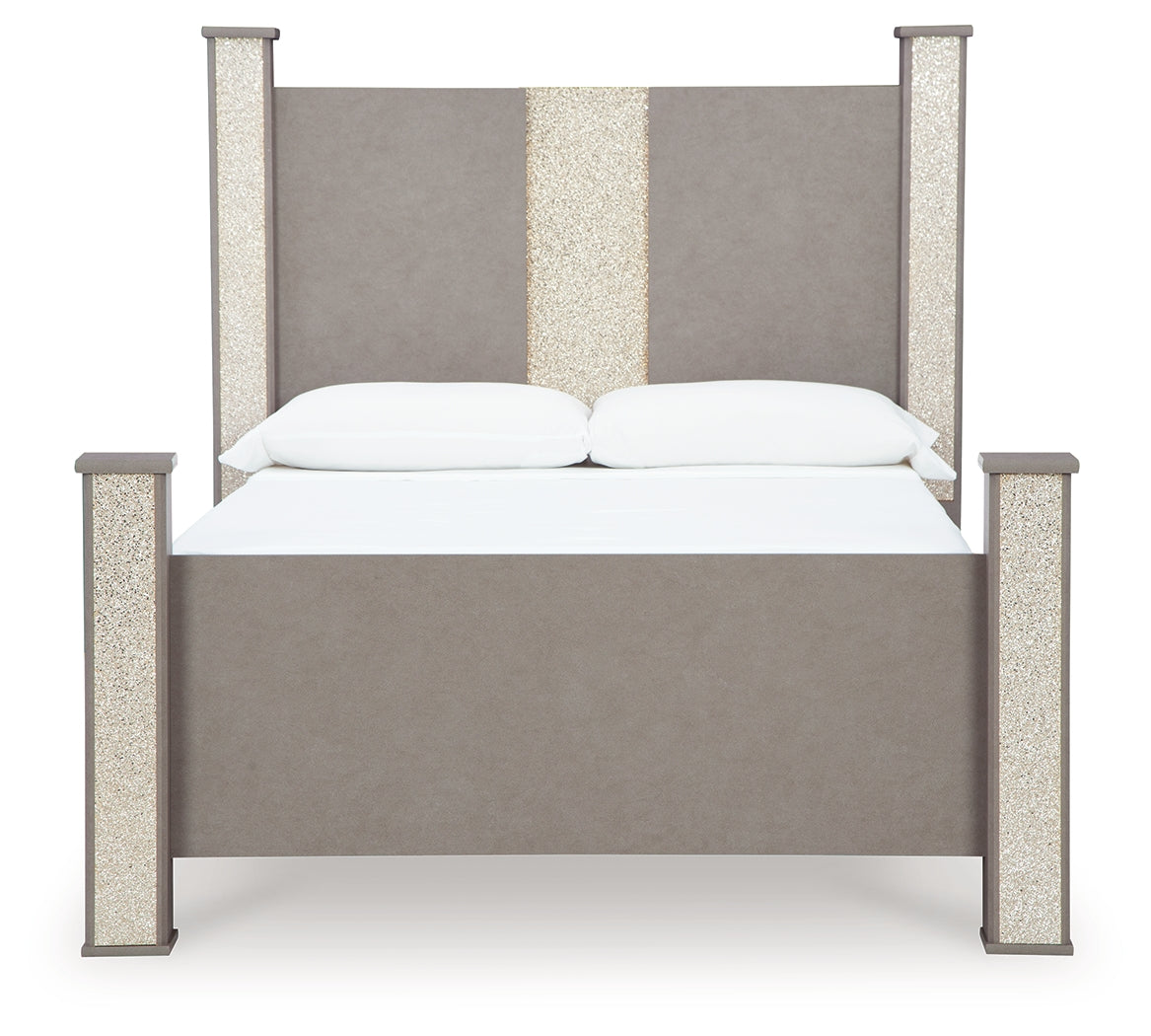 Surancha Queen Poster Bed with Mirrored Dresser and 2 Nightstands in Gray - PKG015248