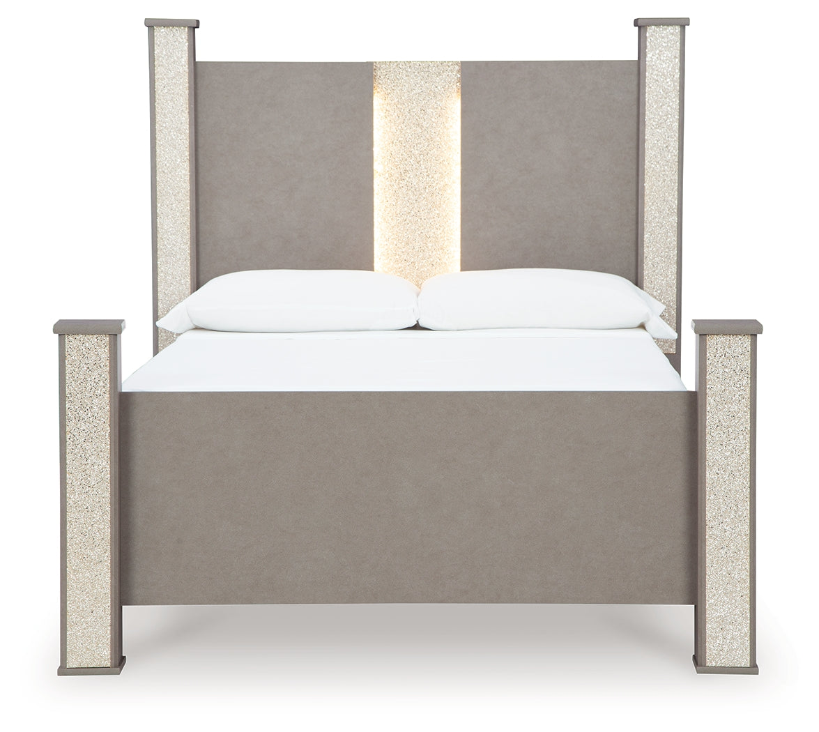 Surancha Queen Poster Bed with Mirrored Dresser and 2 Nightstands in Gray - PKG015248