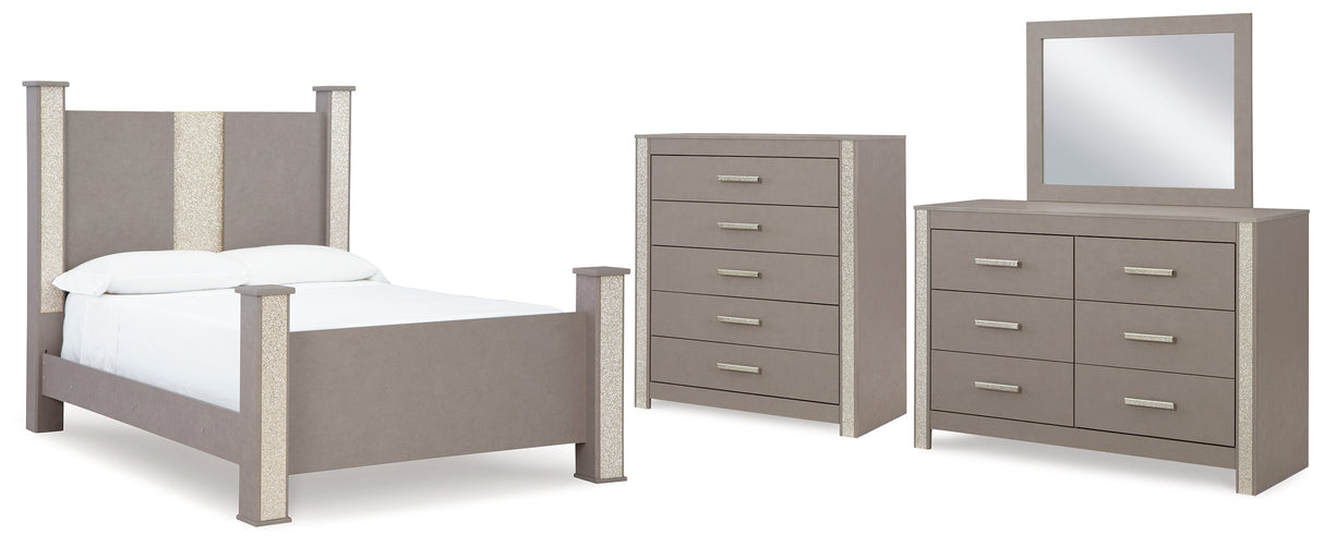 Surancha Queen Poster Bed with Mirrored Dresser and Chest in Gray - PKG015251