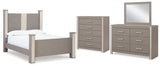 Surancha Queen Poster Bed with Mirrored Dresser and Chest in Gray - PKG015251