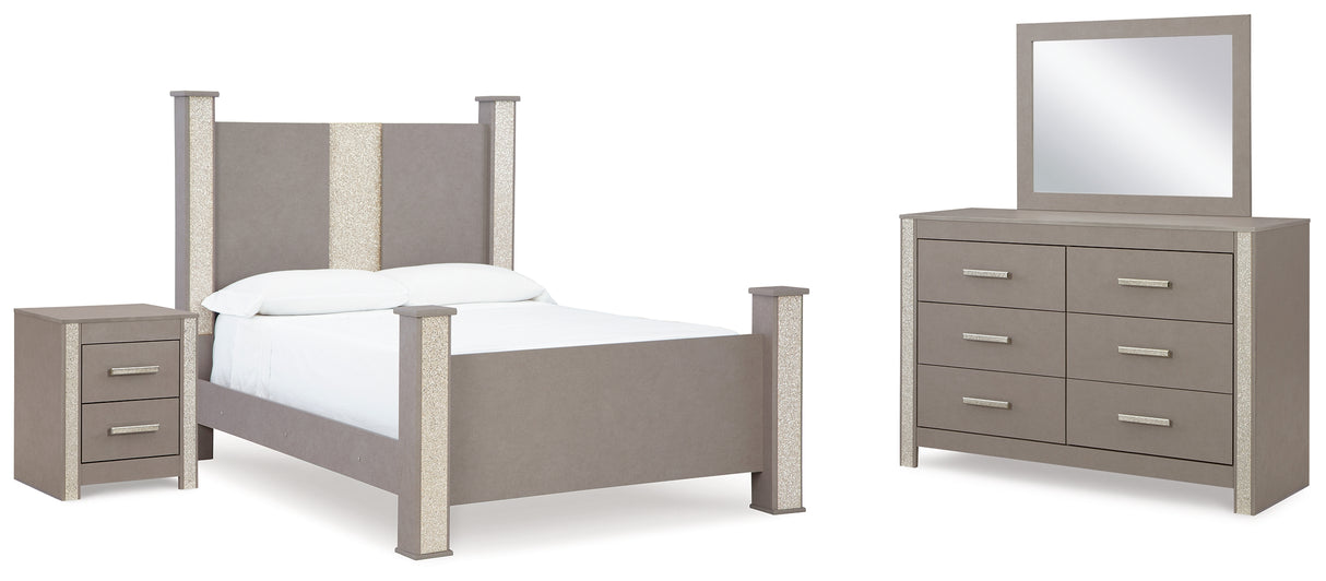 Surancha Queen Poster Bed with Mirrored Dresser and Nightstand in Gray - PKG015250