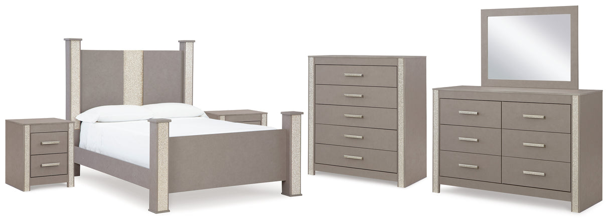 Surancha Queen Poster Bed with Mirrored Dresser, Chest and 2 Nightstands in Gray from Ashley - Luna Furniture