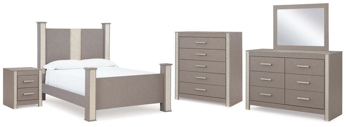 Surancha Queen Poster Bed with Mirrored Dresser, Chest and Nightstand in Gray - PKG015252