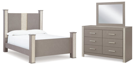 Surancha Queen Poster Bed with Mirrored Dresser in Gray - PKG015247